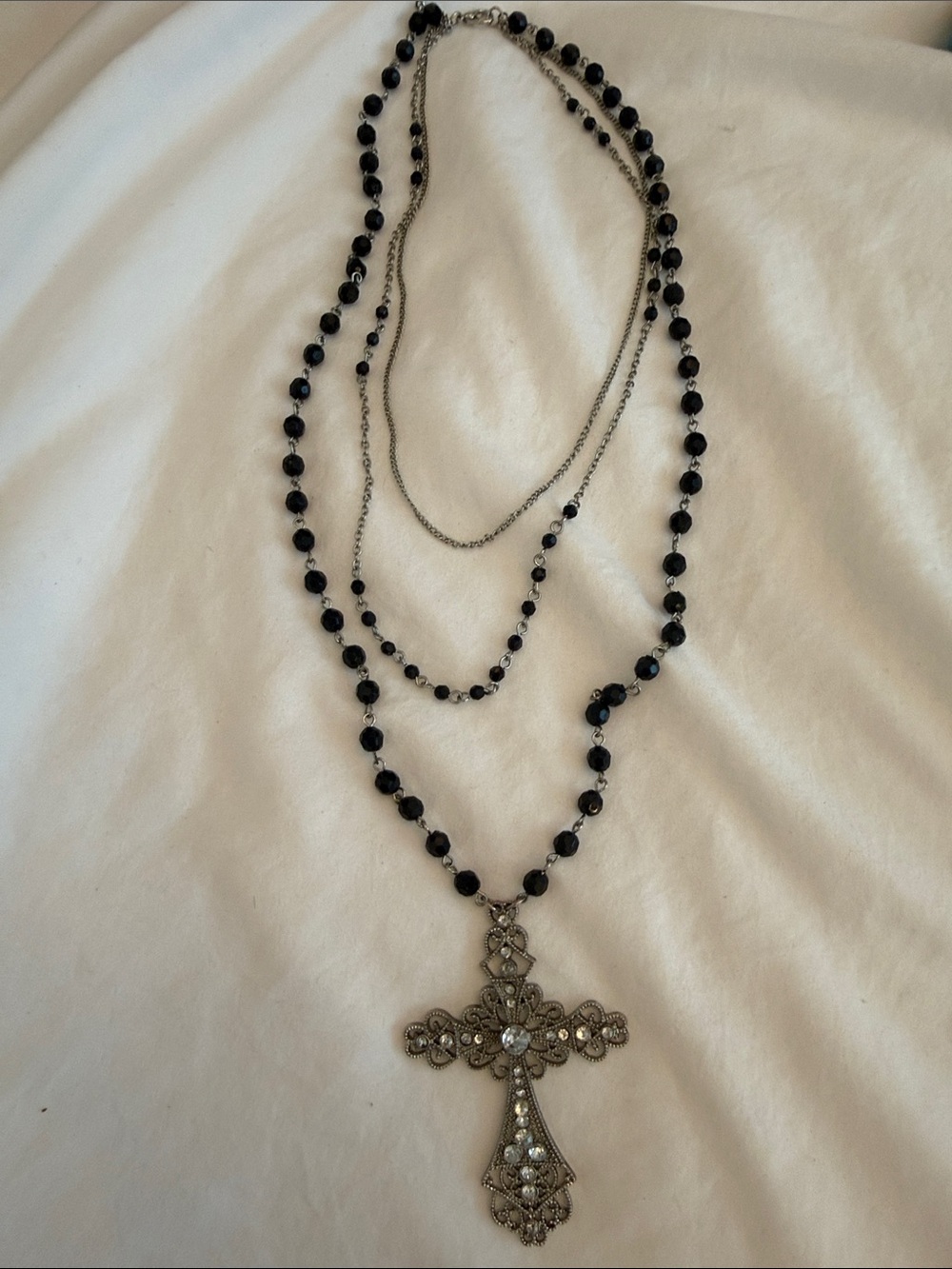 Vintage Style Filigree Cross Necklace Black Beads Rhinestone Statement Gothic